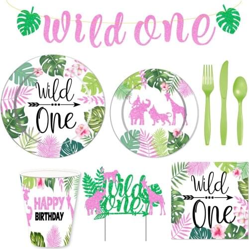 Wild One Birthday Party Pink Decoration Supplies Set Decoration Disposable Plate Paper Cup Paper Towel