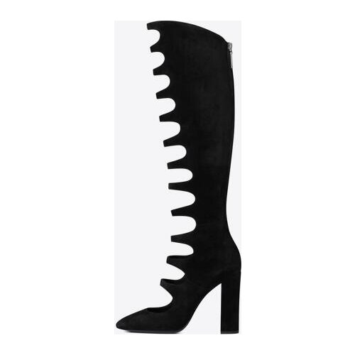 Summer New Brand Women Solid Black Gladiator Cuts Out Pointed Toe Zipper Back Rough Heels Knee High Long Boots High Heels Lady