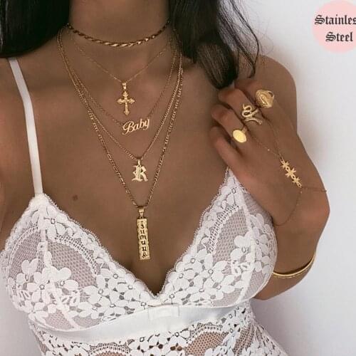 New Multilayer Cross Gold Pendant Necklaces For Women Choker Necklaces Punk Letter Choker Necklace Fashion Words Jewelry Party
