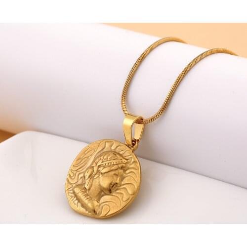 316L Stainless Steel Titanium Steel Gold Plated Snake Bone Chain Retro Coin Portrait Embossed Pendant Simple Necklace No Fade