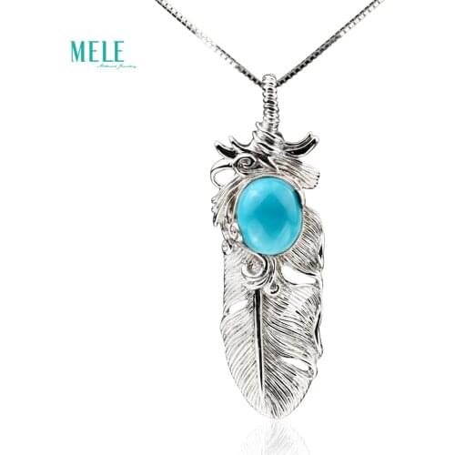 Natural Turquoise sleeping beauty 10*12 mm 5ct Feather 925 Silver Pendant Retro Personality Classic National Feather Necklace
