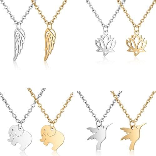 2019 316L Stainless Steel Gold Steel Tone Angle Wing Lotus Elephant Bird Star Feather Charm Pendant Long Chain Necklace Jewelry