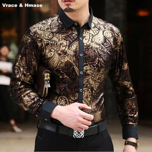 European style personalized stamping printing luxurious long sleeve shirt High-end gold velvet soft top quality shirt men M-XXXL