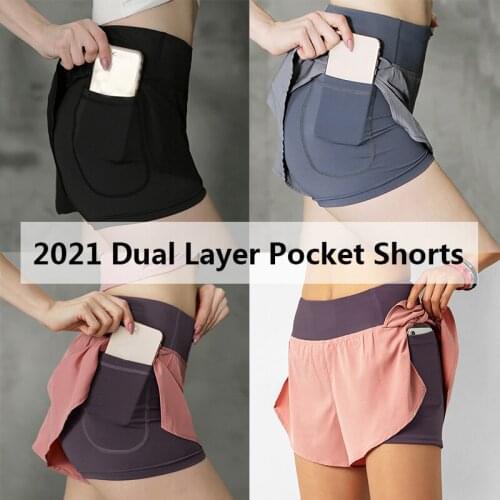 Casual Workout 2 in 1 Pockets Shorts for Women Dual Layers Sport Fitness Quick Dry Active Jogging Elastic Comfy Soft Nylon Short