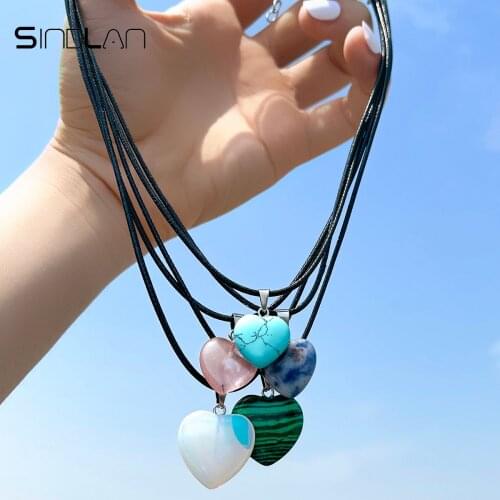 Sindlan 5Pcs Vintage Natural Stone Heart Pendant Necklace for Women Boho Rope Chain Set Couple EMO Fashion Jewelry Bijoux Femme