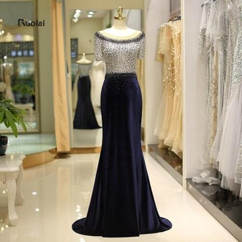 Navy Blue Velvet Mermaid Evening Dresses Long 2018 Short Sleeves Heavy Beaded Prom Dress Formal Party Dresses robe de soiree