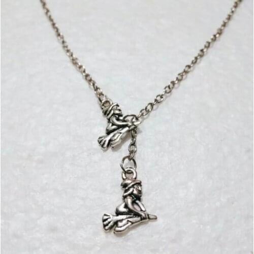 Witcher Charms Pendant Chain Necklaces Witch On Broomstick Witchcraft Halloween Gift Wicca Pagan Goth Jewelry