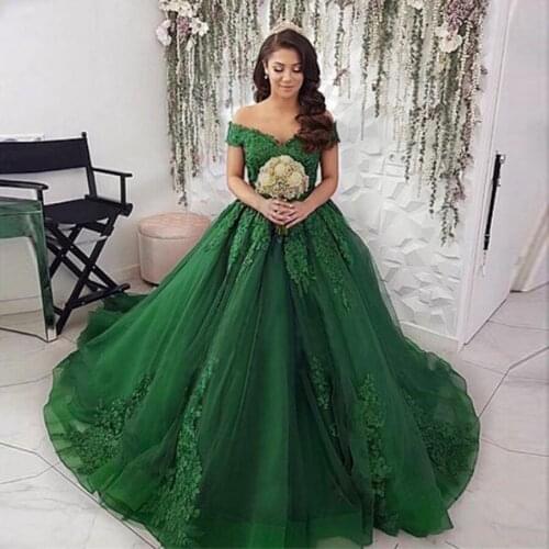 Green V-neck Tulle With Applique Lace Evening Dresses 2020 Sweep Train Prom Dress Ball Gown robe de soiree