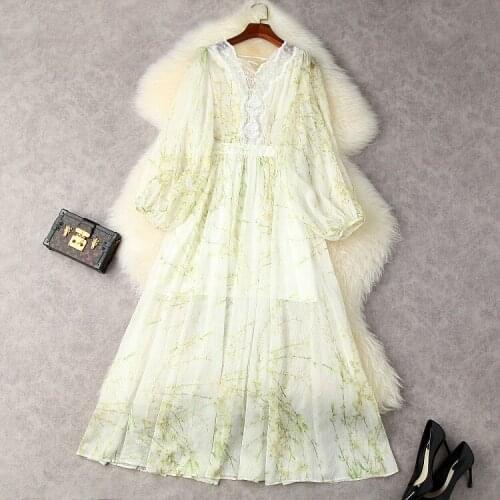 European and American womens wear for summer 2021 Long sleeve lantern sleeve V-neck Fashion lace spliced print dress