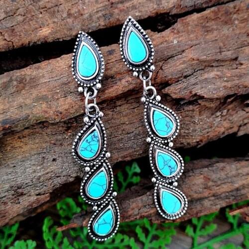 Vintage Water Drop Blue Stone Long String Drop Earrings for Women Bohemian Statement Jewelry Tibetan Turquoises Dangle Earrings