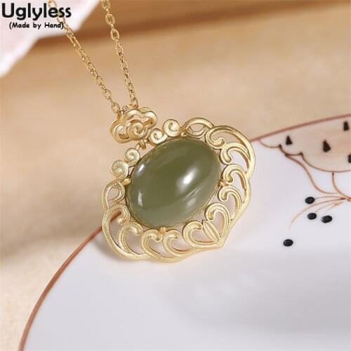 Uglyless Handmade Waves Garland Heart-shape Necklaces for Women Natural Jade Vintage Pendants + Chain 925 Silver Ethnic Jewelry