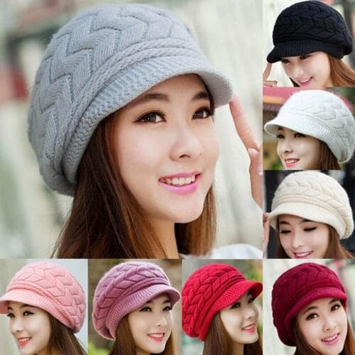 Women Winter Cute Solid Wool Acrylic Knitted Warm Beanie Hats Female Warmer Breathable Knit Baseball Cap Brim SnapBack U36