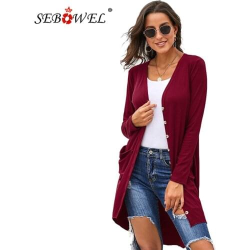 SEBOWEL New Autumn Button Pocketed High Low Knit Cardigans Womans Female Pure Color Long Style Sweaters Coats 2020 Spring S-XXL