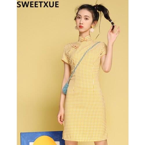 SWEETXUE Women Plaid Cheongsam Improved Version Modern Temperament Elegant Dress Qipao Female