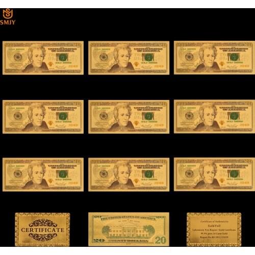 10PCS/Lot Best Price US 20 Dollar Money Gold Plated Banknote Colorful World Currency Paper For Souvenirs Collections