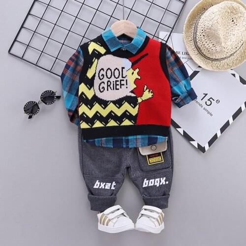 Baby Boy Letter Sweater Set Children Long Sleeve Plaid Shirt Western Style Spring and Autumn Knitted Sweater Vest Pants 3pcs/Set