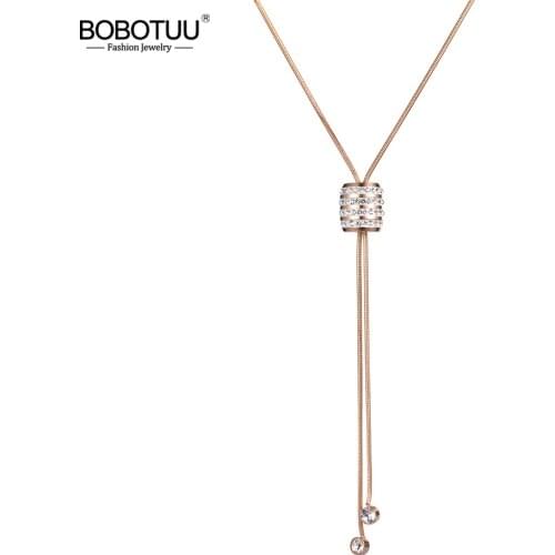BOBOTUU Stainless Steel Rose Gold 3D Hollow Cylinder Rhinestone Chain Necklace Sweater Chain Pendent Gift For Women BN18243