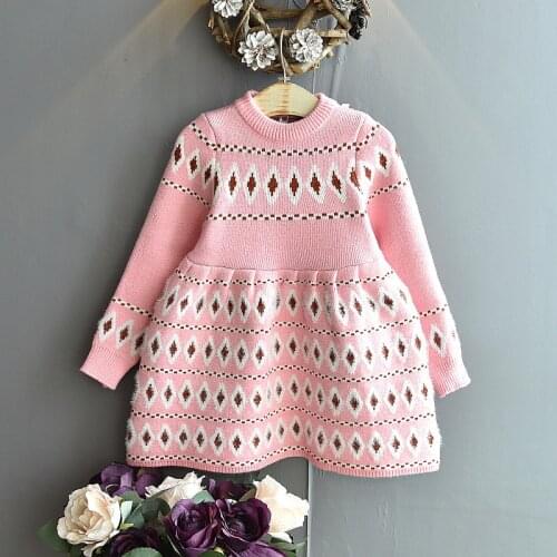 Small Fragrance Dress Children Ethnic Jacquard Long-Sleeved Stretch Slim Slimming Knit Dress O-Neck Elegant Temperament Dress