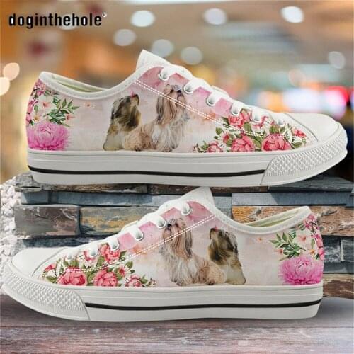 Doginthehole Lovely Shih Tzu Flower Design Shoes for Women 2020 Female Vulcanized Footwear Comfortable Low Top Canvas Shoes Fall