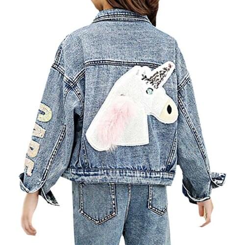 New Kids Girls Jean Jacket Outerwear Cartoon Sequined Denim Jacket Fashion Style Youth Jacket Embroidered Teenage Coat
