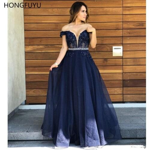HONGFUYU vestido de festa A-line Evening Dresses Long Navy Blue Sparkly Tulle Prom Dress Off Shoulder Formal Gown Appliques Lace