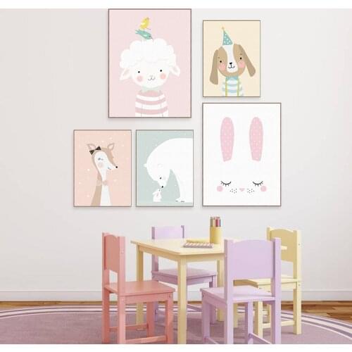 Kindergarten Decoration Painting Pink Wall Art Canvas Pictures for Living Room Anime Poster Sheep Rabbit Cow Duck Dog