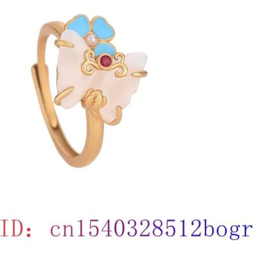White Jade Butterfly Ring 925 Silver Fashion Gemstone Crystal Chalcedony Men Amulet Women Natural Jewelry Charm Gifts Zircon