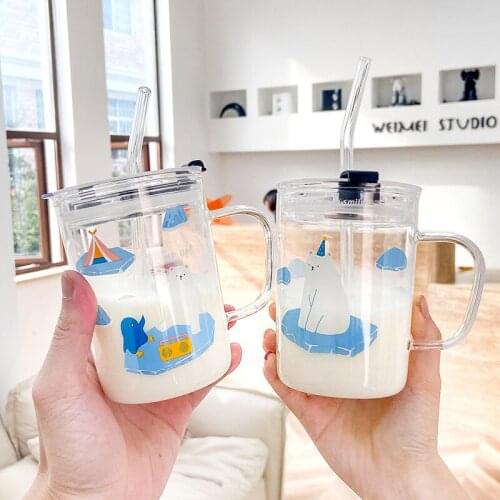 Korean Cartoon Animal Student Glass Cup With Handle Straw Coffee Water Cup Borosilicate Childrens Breakfast Milk Cup