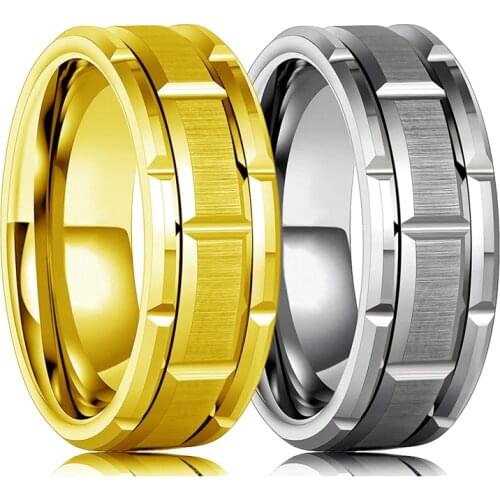 Fashion 8MM Mens Stainless Steel Ring Silvery Gold Brushed Double Groove Pattern Mens Wedding Ring Party Jewelry For Women Gift