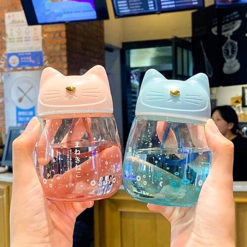 Cartoon Cute Cat Glass Water Cup Creative Gradient Color Mini Clear Water Bottle Portable Leakproof Kids Juice Drink Cups