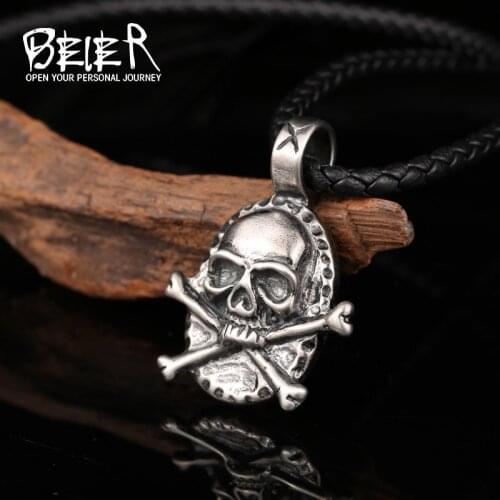 Beier Stainless Steel Skull pirate Pendant Chain Necklace men Jewelry LLBP8-520P