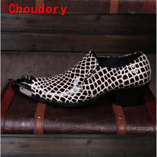 Choudory Men Dress Shoes Leather Italian Men Party Oxfords Metal Pointed Toe Studded High Quality Dark Blue Men Formal Shoes
