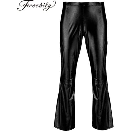 Mens Moto Punk Style Ballroom Party Pants Shiny Metallic Disco Pants with Bell Bottom Flared Long Pants Dude Costume Trousers