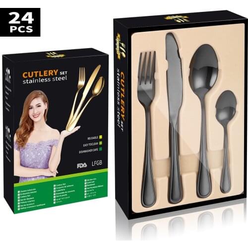 24-Piece Set Gold Dinnerware Set Stainless Steel Tableware Knife Fork Spoon Set Kitchen Device Sets Flatware Set Gift Box