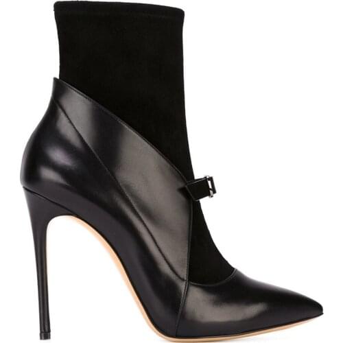 Spring new pointed splicing belt buckle stiletto high-heeled womens short boots custom-made large size sexy womens single shoe