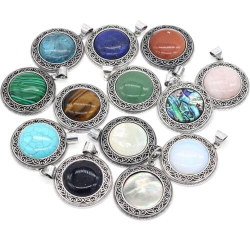 1pcs Natural Stone Round Shape Charm Green Aventurine Tiger Eye Pendant for Necklace Accessories or Jewelry Making Size 38x42mm