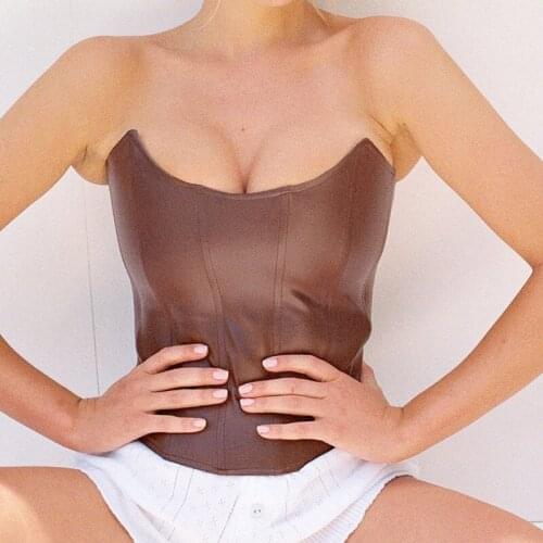 Faux Leather Sexy Women PU Leather Fish Bone Strapless Corset Crop Top Off Shoulder Punk Style Fashion Sleeveless Backless Tops