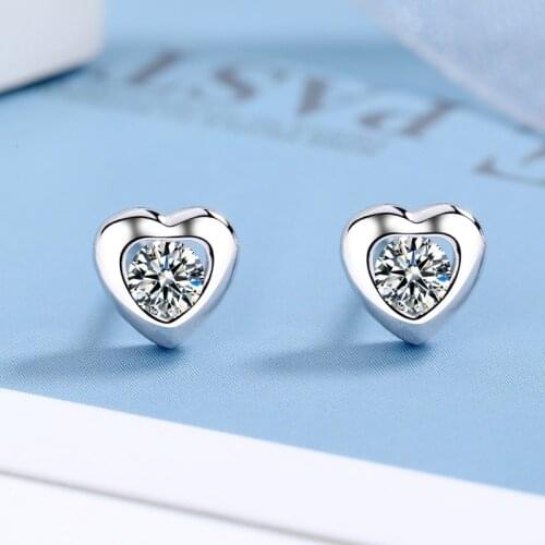 Cute Female Crystal Heart Jewelry Real 925 Sterling Silver Wedding Earrings For Women Vintage Bride Zircon Stone Stud Earrings