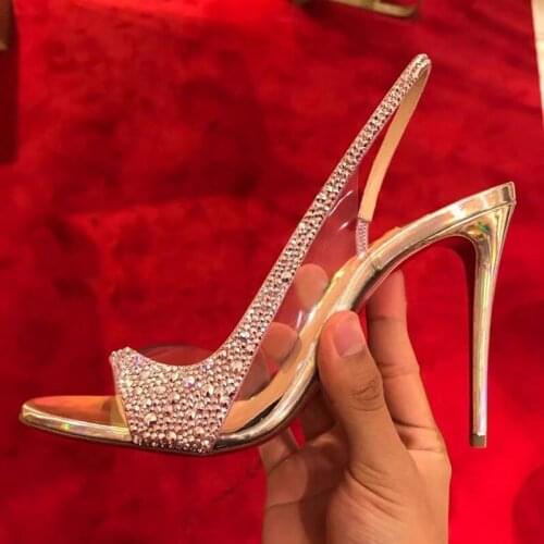 Stylish Shinny Crystal High Heels Sandals Clear PVC Strap Pachwork Wedding Dress Shoes Cut-out Slingback Women Pumps