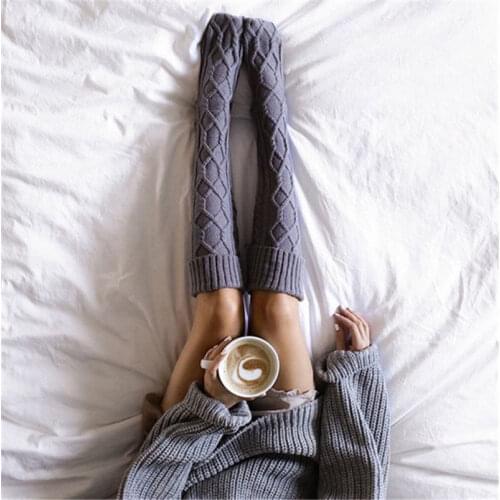 FUFUCAILLM Women Stockings Winter Casual Wool Warm Fluffy Over Keen Kinitted Leg Warm Thigh High Stockings Women 57~70cm