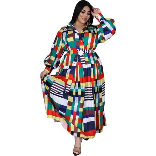 Multi Color Plaid Patchwork A-line Dress Plus Size Long Sleeve Ankle Dresses for Women Autumn New Fashion Charming Outfit