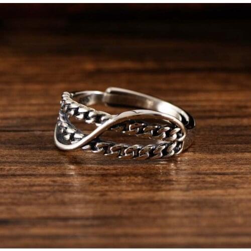 Real S925 Sterling Silver Retro Woven Double Sided Personality Fashion Womens Open Adjustable Ring Exquisite Gift Jewelry