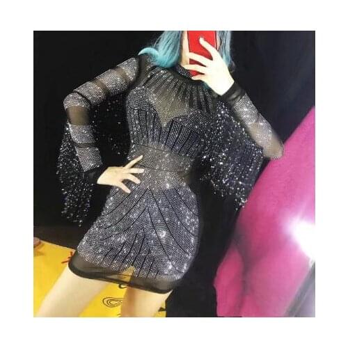 2019 Black Mesh See Through Dress Costume Female Performance Fringe Sleeves Perspective Dress Women Singer Stage Show Wear