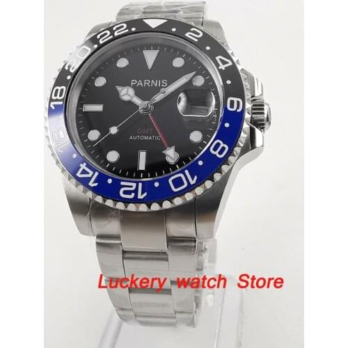 40mm Parnis Black and blue Ceramic Bezel black dial GMT luminous marks sapphire glass automatic Mens Watch-PA49