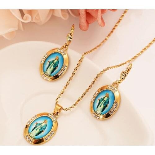 Bangrui Gold Necklace & Earrings Set Gold Color Catholic Religious crystal Jewelry Set Christmas Gift For Women girls gift