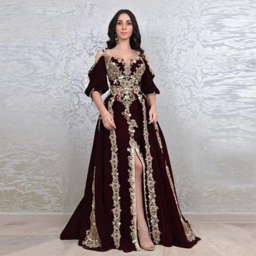 Burgundy Mermaid Moroccan Kaftan Evening Dress Half Sleeves Sexy Slit Sequin Applique Muslim Arabic Dubai Special Occasion Gowns