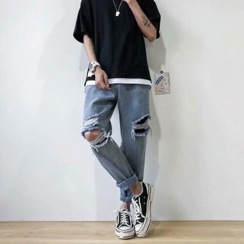 Fashion Mens Jeans Broken Hole Pants Mens Ripped Straight Tube Loose Vintage Washed Denim Pants Streetwear