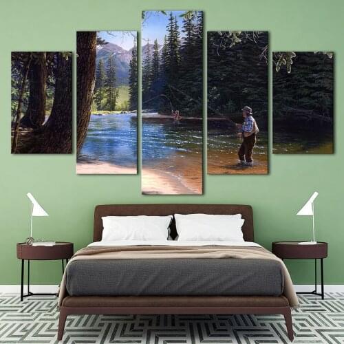 Art Decor Home Living Room Framework 5 Pieces Forest River And Fishing Landscape Paintings Modular Canvas HD Prints