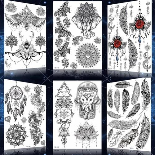 India God Genasha Tattoos Stickers For Women Mandala Floral Henna Lace Tatoos Temporary For Girl Black Arm Tattoo Hamsa Hand