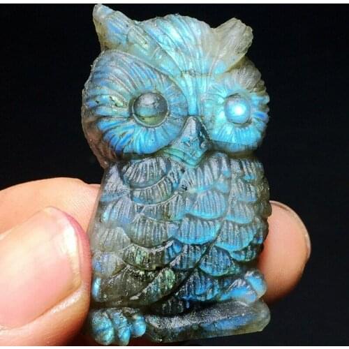 1PC Flashing Pretty Natural Labradorite Crystal Owl Hand Made Carved Crystal Fashion Carved Animal Figurine Gifts
